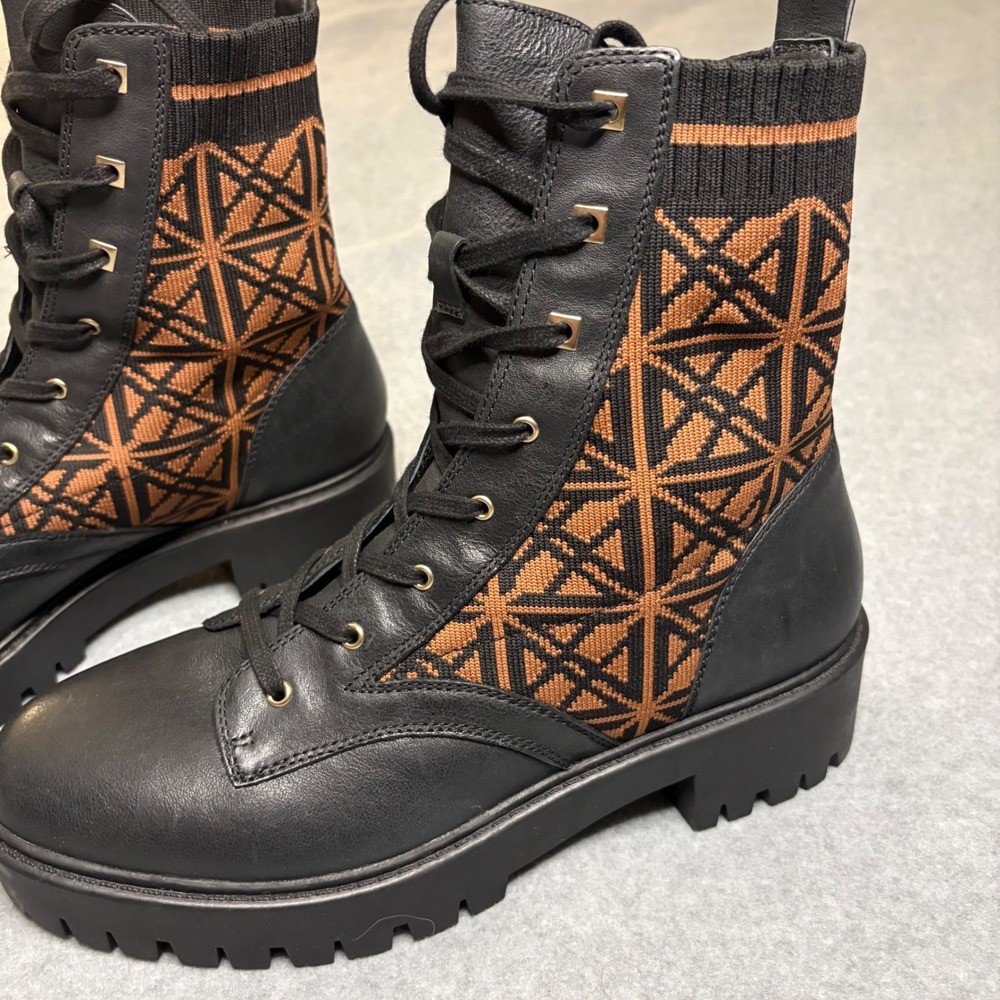 Antonio Melani Black Leather Knit Geometric Combat Lug Sole Boots 11M Boho Goth